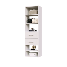 White shaker 2-drawer closet shelf tower with five open shelves and two deep drawers for closet organization.
