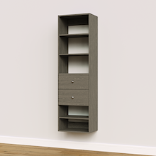 Grey slab 2-drawer closet shelf tower module designed with five open shelves and two deep drawers for built-in closet systems.