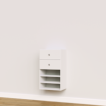 White built-in closet drawers with slab fronts and shelves for folded clothing and accessory storage.