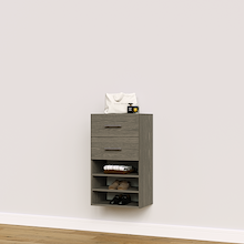 Grey closet drawers with slab fronts and shelves for folded clothing, t-shirts, and activewear storage.