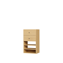 Natural oak closet drawer tower with slab fronts and shelves for dresser in closet storage in small apartments.