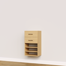 Natural oak closet drawers with slab fronts and shelves for linens, towels, and folded clothing.
