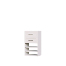 White shaker closet drawer tower with shelves for reach-in wardrobe storage.