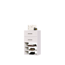 White shaker closet drawer cabinet with decorative fronts and shelves for folded jeans and sweaters.