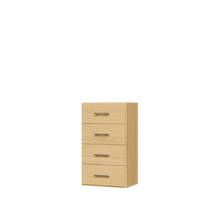 Natural oak closet drawers with slab fronts for dresser in closet storage in small apartments.