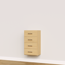 Natural oak built-in closet drawer cabinet with slab fronts for folded clothing and wardrobe storage.
