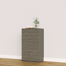 Grey closet drawers with slab fronts for folded clothing, t-shirts, and activewear.