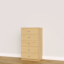 Natural oak built-in closet drawer cabinet with slab fronts for folded clothing and wardrobe storage.