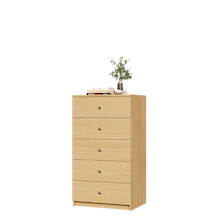 Natural oak drawer unit with slab fronts for large closet storage.