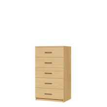 Natural oak closet drawers with slab fronts for dresser in closet storage in small apartments.