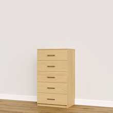 Natural oak built-in closet drawer cabinet with slab fronts for folded clothing and wardrobe storage.