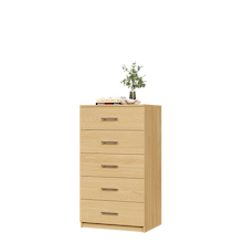 Natural oak drawer unit with slab fronts for large closet storage.