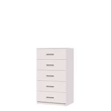 White closet drawers with slab fronts for reach-in folded clothing storage.