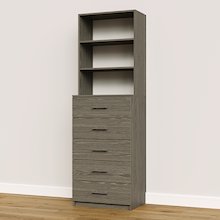 Grey slab 5-drawer closet tower module designed with five deep drawers and three upper display shelves for built-in closet storage systems.