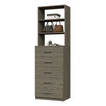 Grey slab 5-drawer closet tower with five deep drawers and three upper display shelves for closet organization.