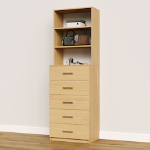 Natural oak slab 5-drawer closet tower module featuring five deep drawers and three upper display shelves for accessory storage.