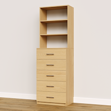 Natural oak slab 5-drawer closet tower module designed with five deep drawers and three upper display shelves for built-in closet storage systems.