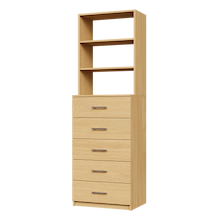 Natural oak slab 5-drawer closet tower module with five deep drawers and three upper display shelves for small closet organization.