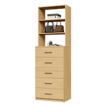 Natural oak slab 5-drawer closet tower with five deep drawers and three upper display shelves for closet organization.