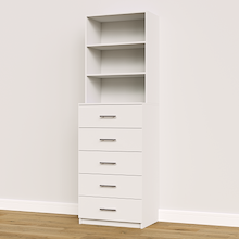 White slab 5-drawer closet tower module designed with five deep drawers and three upper display shelves for built-in closet storage systems.