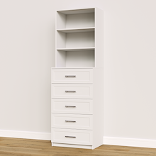 White shaker 5-drawer closet tower module designed with five deep drawers and three upper display shelves for built-in closet storage systems.