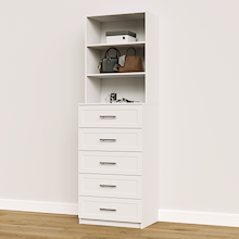 White shaker 5-drawer closet tower module with five deep drawers and three upper display shelves for handbags and perfume.