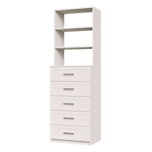 White shaker 5-drawer closet tower module featuring five deep drawers and three upper display shelves for reach-in closet organization.