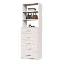 White slab 5-drawer closet tower with five deep drawers and three upper display shelves for closet organization.