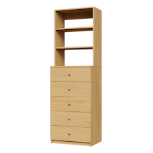 Natural oak closet drawers with slab fronts for dresser in closet storage.