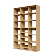 Four wood pull-out drawers in 54 inch natural oak reach in pantry.