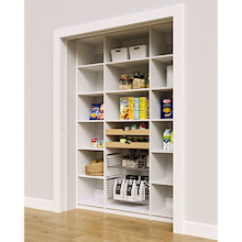 White 60 inch pantry wall shelves featuring two wood pull-out drawers and two pull-out wire baskets.