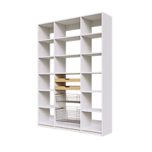 Layered wood pull-out drawers and two pull-out wire baskets in a 60 inch white built-in pantry.