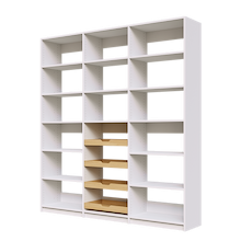 Four sliding wood shelves featured in 78 inch white pantry with shelving.