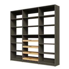 Four sliding wood shelves in 84 inch grey kitchen pantry.