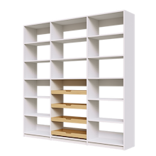 Four sliding wood shelves featured in 84 inch white pantry shelving.