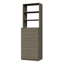 Grey slab 5-drawer closet tower module featuring five deep drawers and three upper display shelves for closet organization.