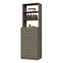 Grey slab 5-drawer closet tower with five deep drawers and three upper display shelves for closet organization.