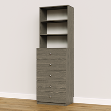 Grey slab 5-drawer closet tower module designed with five deep drawers and three upper display shelves for built-in closet storage systems.
