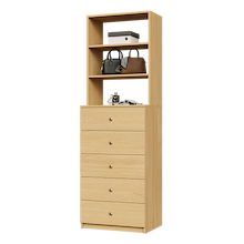 Natural oak slab 5-drawer closet tower with five deep drawers and three upper display shelves for closet organization.