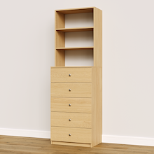 Natural oak slab 5-drawer closet tower module featuring five deep drawers and three upper display shelves for accessory storage.