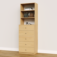 Natural oak slab 5-drawer closet tower module designed with five deep drawers and three upper display shelves for built-in closet storage systems.