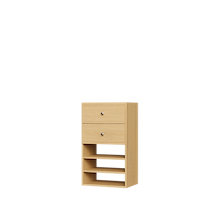 Natural oak closet drawer tower with slab fronts and shelves for dresser in closet storage in small apartments.