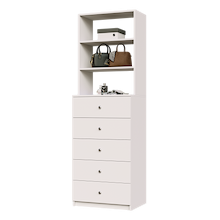 White slab 5-drawer closet tower with five deep drawers and three upper display shelves for closet organization.