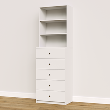 White slab 5-drawer closet tower module designed with five deep drawers and three upper display shelves for built-in closet storage systems.