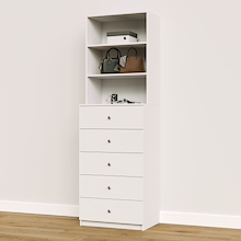 White slab 5-drawer closet tower module with five deep drawers and three upper display shelves for handbag and accessory storage.