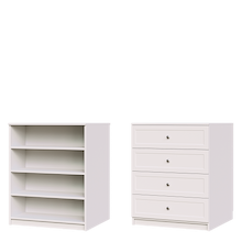 White shaker closet island with adjustable shelves and shaker drawers for classic closet storage.