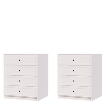 White freestanding closet island with slab drawers on one side and slab drawers on the other for a double-sided dresser.