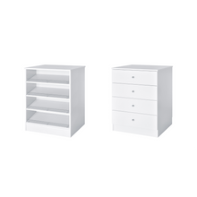 White slab drawers slanted shoe shelves