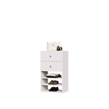 White closet drawer cabinet with slab fronts and shelves for jewelry and wardrobe storage.