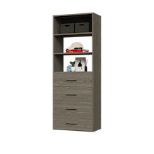 4-drawer shelf tower grey 25.5 inch slab built-in closet storage with slab drawers and storage bins.